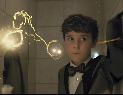 Prompt: 13 year old boy in a tuxedo casting a crazy magic spell from the outside of a bathroom stall with his magic wand, but the spell he cast happens on the inside of the bathroom stall because he cast the spell on the person inside who was warring a T shirt 