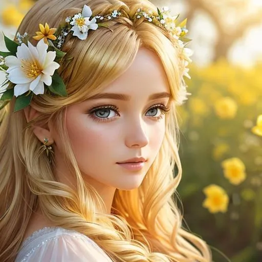 Prompt: fairy goddess of Springtime with golden hair with flowers woven into her hair, ethereal, facial closeup