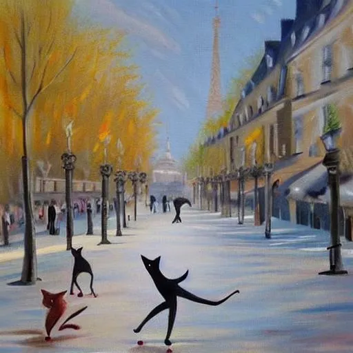 Prompt:  Magical oily painting of  cat skating in a middle of Paris. Sunny day