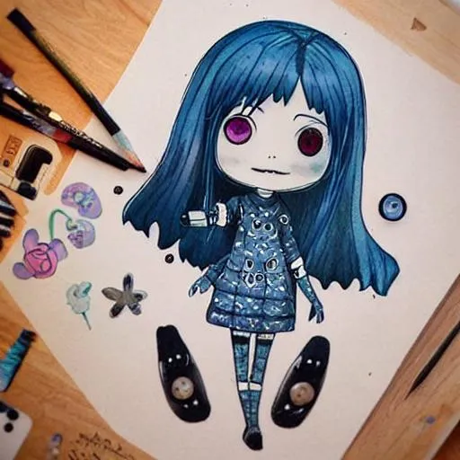 Prompt: cute Coraline as figurine, symmetrical eyes, blue hair, detailed button design pullover, cute sad girl, tattoo design, stencil, ink and brush drawing, beady eyes, cute face, sad, ultra detailed accessories, precise pencil strokes, front, smiling, art by Tsuguharu Fujita