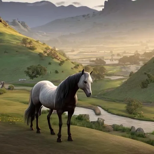 Visualize a scenario where a horse gracefully stands... | OpenArt