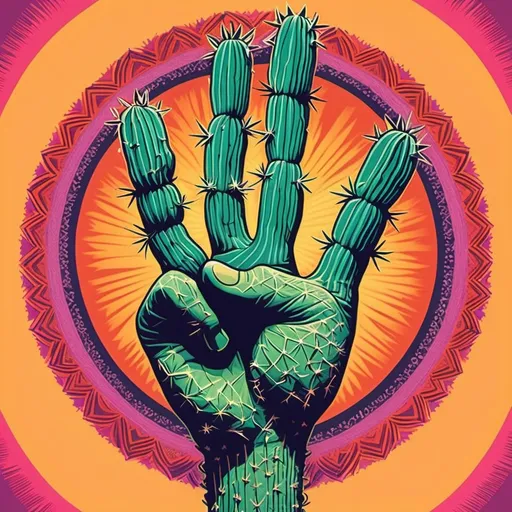 Prompt: psychedelic print of cactus in the shape of a hand doing the peace symbol