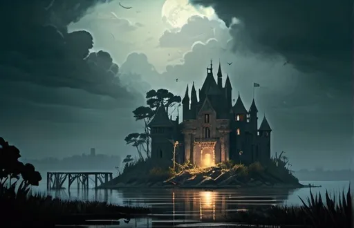 Prompt: Abandoned castle on an island in the middle of a lake, Warhammer RPG-style,  eerie atmosphere, overgrown vegetation, dark and mysterious, high quality, RPG-style illustration, desolate environment, moody lighting, ancient architecture, ominous skies, atmospheric, weathered textures