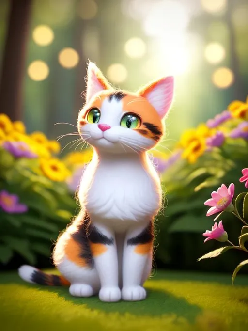 Prompt: Disney Pixar style needle felted cute calico cat, highly detailed, fluffy, intricate, big eyes, adorable, beautiful, soft dramatic lighting, light shafts, radiant, ultra high quality octane render, daytime forest background, field of flowers, bokeh, hypermaximalist