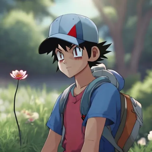 Prompt: Ash Ketchum as a 21 year old young man looking at a beautiful nature scene with beautiful flowers around and a peaceful atmosphere. Photorealistic. Detailed. 