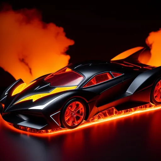 Prompt: Futuristic mega Batman car on fire and ice cosmic speed red and dark