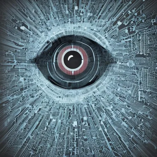 Prompt: Create an abstract graphic representing issues of Privacy Breach and Surveillance because of AI. For example Big Brother is watching