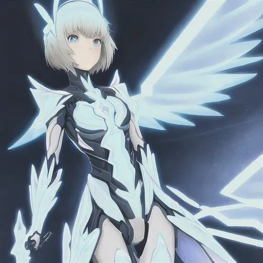 Prompt: butiful futuristic girl x ray giant sword armour tall wings short hair aestetic
