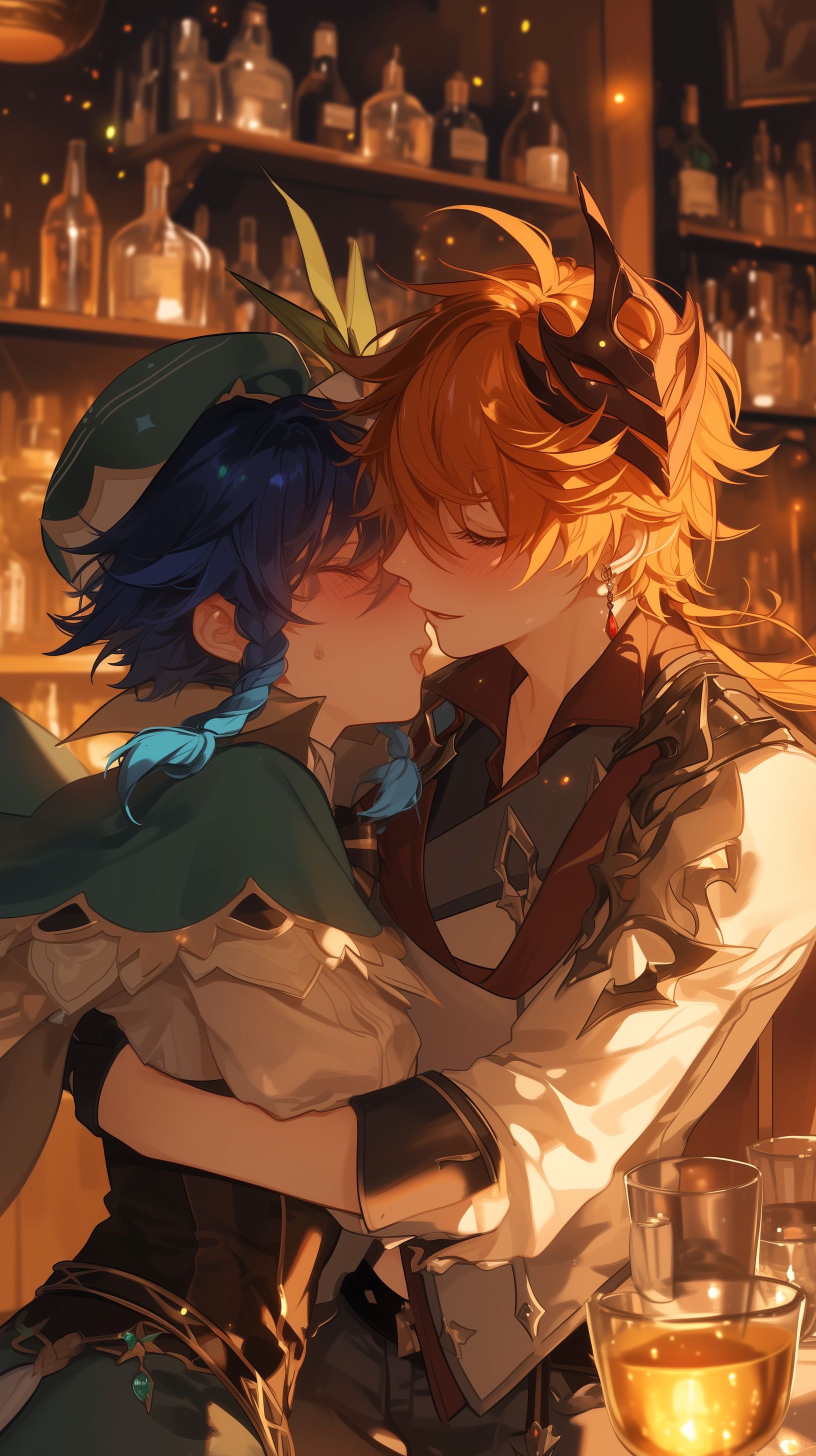 Prompt: Venti and Tartaglia from Genshin Impact pressed agaist each other lovingly and giving each other a tender kiss on the mouth as they both blush, at a medevial bar with several shot glasses of booze knocked down around them --ar 9:16 --niji 6