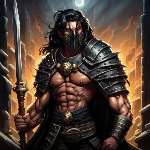 Prompt: portrait of a muscular man wearing black inquisitor uniform, smirking, smiling, happy, in his early 40s, mane of black hair, pallid skin, rugged, scars, gold specks in his eyes, set in a tavern, highly detailed, digital painting, artstation, concept art, smooth, sharp focus, illustration, art by artgerm and greg rutkowski and alphonse mucha, footage from space camera