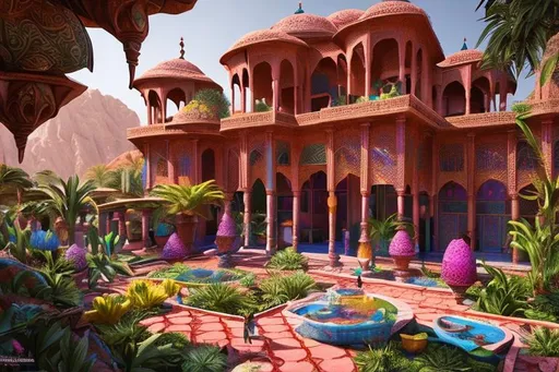 Prompt: persian palace in an oasis, vibrant colors, unreal engine, fantasy, 4K, absurd resolution, highly detailed, intricate detail, sharp focus.