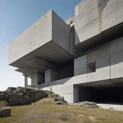 Prompt: a geometric research facility on the side of a mountain, brutalist architecture