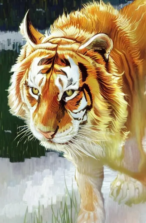 Prompt: A golden Tiger. Intricate details. Style by taras loboda, Victo Ngai, catrin welz-stein, van Gogh, Ivan Bilibin, Josephine Wall, android Jones,  wlop, Anato Finnstark, Tom Bagshaw. Iridescent glow, shimmer, Best quality, highly detailed.