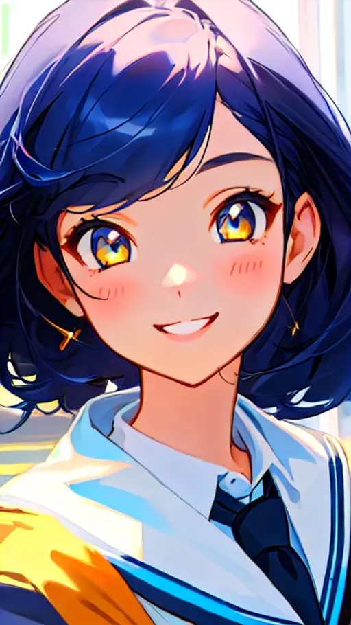 Prompt: Girl with dark blue hair, amber eyes, a big smile, young and cute, with school uniform. Portrait