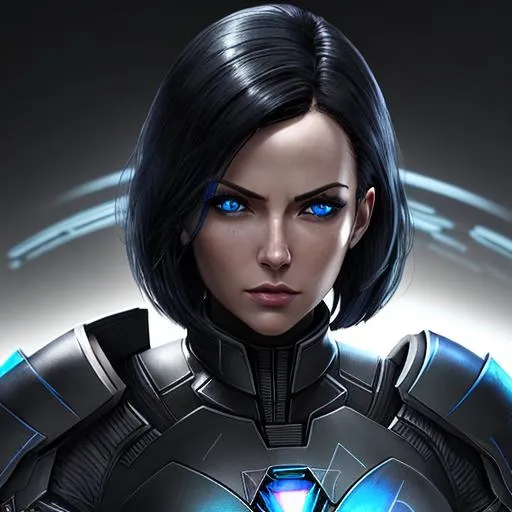 Prompt: A woman with {black} hair with {blue} eyes and wearing armor {Mass effect vibe} 