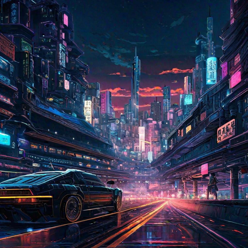 anime cyberpunk on a open highway, highly detailed