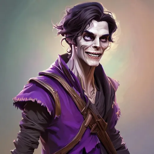 Prompt: Full body splash art of a sweet, young, expressive, smiling male undead zombie bard, mummified face, long black hair, skinny, bony, plum purple noble clothes, D&D, dnd, fantasy, highly detailed, sharp focus, digital painting, trending on artstation, 4k, 8k, unreal engine