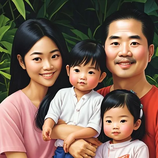 Prompt: painting of a Thailand family.   the father had neck-length hair and a good figure.
the Mother is of Chinese descent and is thin and has shoulder-length hair. 1 daughters. highly detailed,  detailed face, smooth, sharp. illustration art by Studio Ghibli.