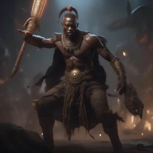 Prompt: A dark evil African warrior fighting monsters, magic glowing, concept art, dystopia, orientalist, full body, dynamic, pose,  insane detail, detailed, worn, cinematic, hyper realism, realistic proportions, dramatic lighting, high detail 4 k, artstation