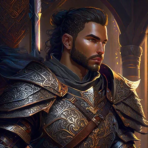 Prompt: Game art D&D, Fantasy, High Fantasy, intricate details, medium shot, detailed background, detailed face, detailed armor, detailed weapon, ambient lighting, single person, photorealistic, no airburshed
