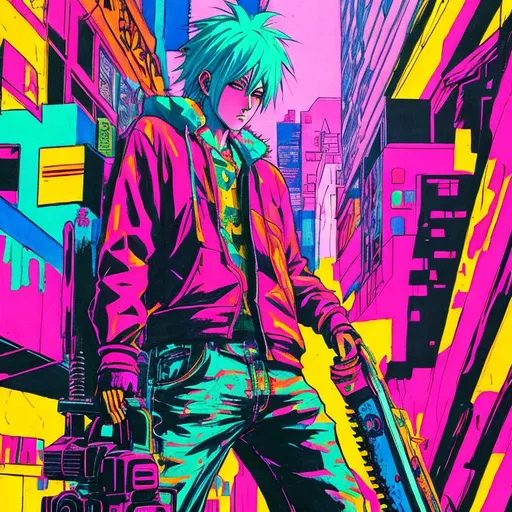 Prompt:  chainsaw man, manga cover, lofi, neon colors, hip-hop, pop art, pastel colors, pastel painting, vaporwave