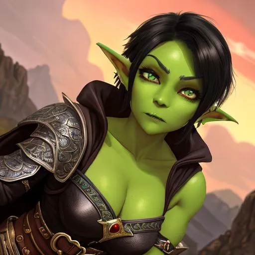 Prompt: oil painting, D&D fantasy, green-skinned-goblin girl, green-skinned-female, small, short black hair, crazy look, pointed ears, fangs, looking at the viewer, thief wearing intricate adventurer outfit, #3238, UHD, hd , 8k eyes, detailed face, big anime dreamy eyes, 8k eyes, intricate details, insanely detailed, masterpiece, cinematic lighting, 8k, complementary colors, golden ratio, octane render, volumetric lighting, unreal 5, artwork, concept art, cover, top model, light on hair colorful glamourous hyperdetailed medieval city background, intricate hyperdetailed breathtaking colorful glamorous scenic view landscape, ultra-fine details, hyper-focused, deep colors, dramatic lighting, ambient lighting god rays, flowers, garden | by sakimi chan, artgerm, wlop, pixiv, tumblr, instagram, deviantart