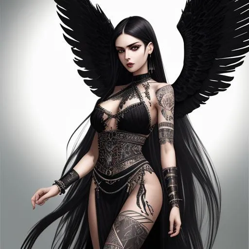 Prompt: Prompt
64K UHD HDR Realistic Detailed Oil Painting, full body, 29 year old Turkish female, model pretty, perfect face, elaborate scar native tribal tattoos, wearing a tight metal black heavy lace bodice, flowing black dress, warrior arm braces, hypersexualized, slim, detailed large black angel wings, long black multicolored hair, perfect proportions, perfect bottom, perfect tone, epic fantasy background, determined pose, hyper detailed, smooth render, matte background, digital art by Artgerm and Greg Rutkowski, trending on Artstation, unreal engine