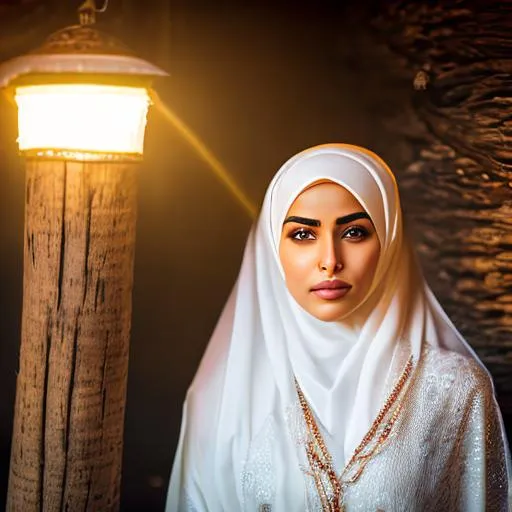 Prompt: A photo of a hijabi 20 year old woman posing, detailed face, detailed skin, white abaya, in the old wooden bamboo hut, night, bulb light, dark, cinematic, depth of field, low iso, fire, flames, smoke, 