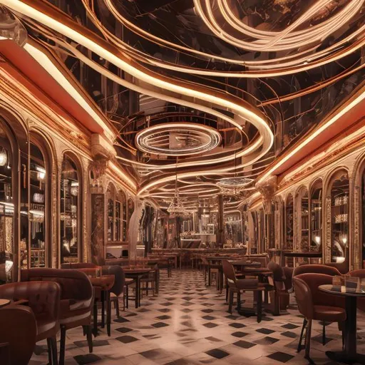 Prompt: futuristic large vienna cafe within moon base, decadent, neon, many tables and chairs, mirrors, wood paneling, realistic details, photorealistic, 8k render, cinematic lighting, ultra detailed