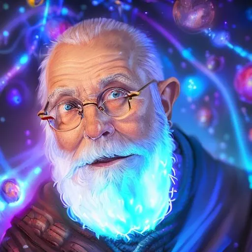 Prompt: Photograph of Sallen Fizzlefern, the eccentric wizard inventor gnome, surrounded by alchemical vessels and glowing flasks, he wears blue robes as he works, trending on artstation, Colorful