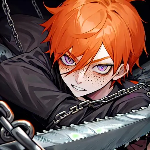 Prompt: Erikku male adult (short ginger hair, freckles, right eye blue left eye purple) 8K, Highly detailed, insane detail, best quality, high quality, holding a chain saw