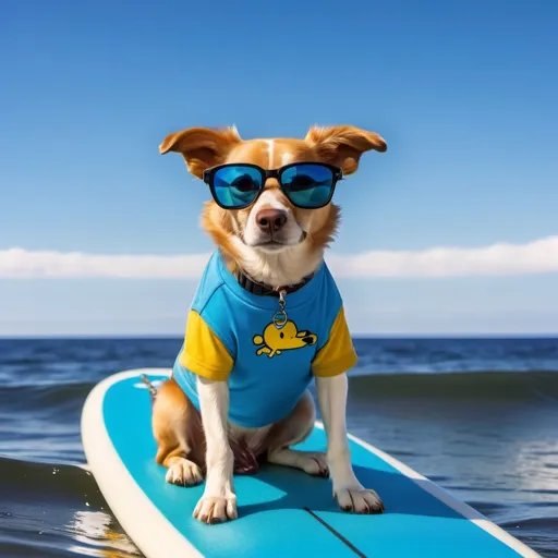 Prompt: a dog wearing sunglasses sitting on a surfboard in the ocean with a blue sky in the background and a bright blue sky, Charles Schulz, rayonism, summer, a stock photo