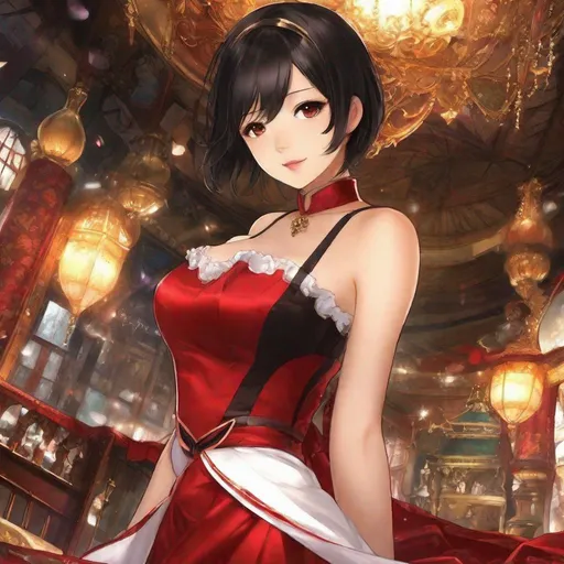Prompt: anime art, pretty young Indonesian woman, 25 year old, (round face, high cheekbones, almond-shaped brown eyes, epicanthic fold, small delicate nose, luscious lips, short bob black hair), red silk bustier style dress, perfect hourglass figure, looking directly at camera, Japanese manga, Pixiv, Anime Key Visual, Fantia