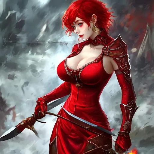 Prompt: busty woman in red dress with short Crimson hair and a bladed spear