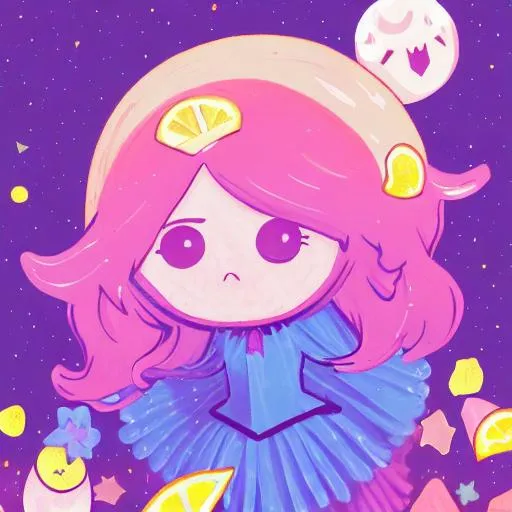 Prompt: Witch, aesthetic, pastel, beautiful, painting, fairycore, strawberries, cute, flowers, soft, lemons, art, rpg, sweet, milk, crystals, highres, illustration, Steven universe, moon, stars, space