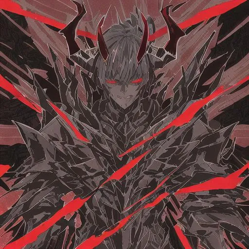 Prompt: male demon knight. The entire head is black or dark red, and sharp horns are added on top of the head, giving a sharp and ferocious impression. These horns are black or dark red. Bold expression wrinkles around the eyes to accentuate the demonic features. Black armor all over the body. Part of the armor is decorated with flames or high-tech materials. Wings on the back, these wings are black or dark red, with sharp edges. A figure of a demon knight holding a greatsword. The greatsword is black or dark red. Part of the greatsword into a sharp shape. The hand holding the weapon looks powerful and muscular