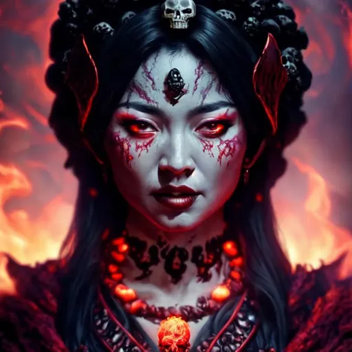 Prompt: A dark evil beautiful queen emerging from hell with skulls, lava and smoke elements, hyperrealism, photorealistic, 8k, unreal engine --ar 9:16 --niji 5 --style expressive --s 400