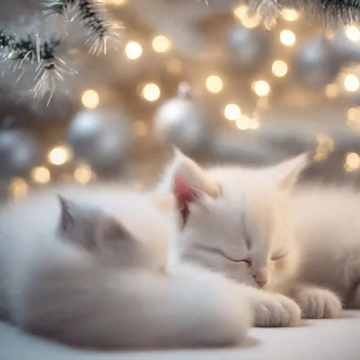 Prompt: kittens sleeping under a white christmas tree