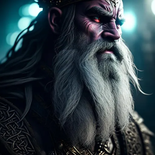 Prompt: fearsome male duergar, dark dwarf, viking, bearded, long white pale hair, bloody, glowing rune tattoos, detailed face, big scared face, elegant, mesmerizing , glorious, cinematic light, hd octane render, high resolution scan, masterpiece, hyperrealism, delicate detailed complex, sophisticated, vibrant colors, highly detailed, intricate detailed, volumetric lighting, light reflection 