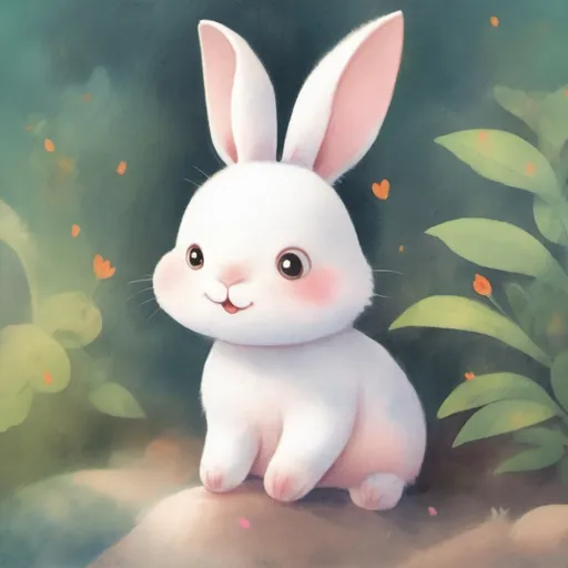 Prompt: a children's book illustration of young white bunny with pink cheeks, and a cheerful expresion