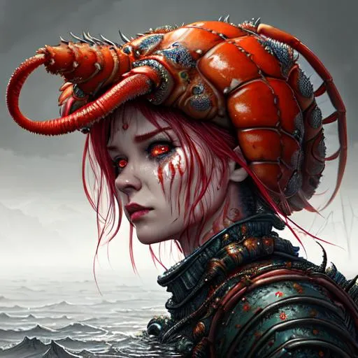 Prompt: A human lobster hybrid , human face, lobster pinchers for arms,  rising from foggy waters, hyperdetailed intricately detailed, unreal engine, fantastical, intricate detail, splash screen, complementary colors, fantasy concept art, macabre, scary, postapocalyptic, 8k, deviantart masterpiece, oil painting, heavy strokes, splash arts, photorealistic, masterpiece, cinematic, 16k artistic photography, epic, drama, cinematic lighting, dramatic lighting, insanely detailed, soft natural volumetric cinematic lighting, award-winning photography, rendering, hd, high definition, highly detailed