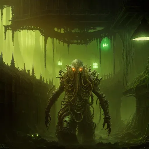 Prompt: dark fantasy, lovecraft horror, squid hybrid, glowing eyes, giant, 4k, sharp focus, studio photo, intricate details, highly detailed, by clint langley,, overgrown post apocalyptic, 
