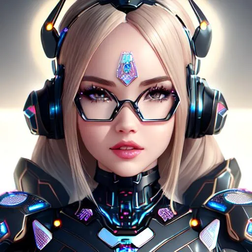 Prompt: Dove Cameron with biomechatronic insectoid parts of her face cybernetic,  great eyelashes, thin eyebrows,   she has antennas on her head, crystal, futuristic glasses, titanium,  detailed face,  Unreal Engine 5 128K UHD Octane, fractal, pi, fBm, with a transparent  mask, rosy cheeks, light brown eyes, thick and sensual lips, slightly cleft chin, prominent cheekbones, straight hair, with a leather-like collar, the collar has electronic attachments, leds glowing, weapons on shoulders
