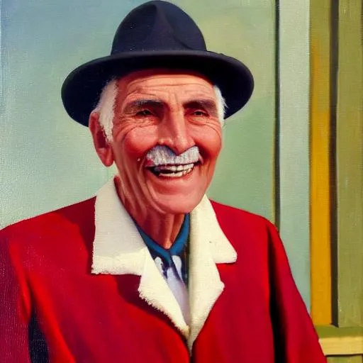 Prompt: handsome old man smiling in an old art deco building, oil painting