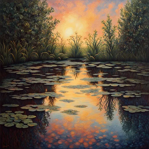 Prompt: Amidst a quiet forest glade, the waters of a serene pond shimmer with kaleidoscopic reflections of the changing sky above. Each ripple, a testament to the wind's whisper, reshapes the radiant colors, embodying the transient nature of introspection. In this ever-shifting tableau, the pond becomes an allegory for the mutable essence of self-understanding. Art by Armand Guillaumin