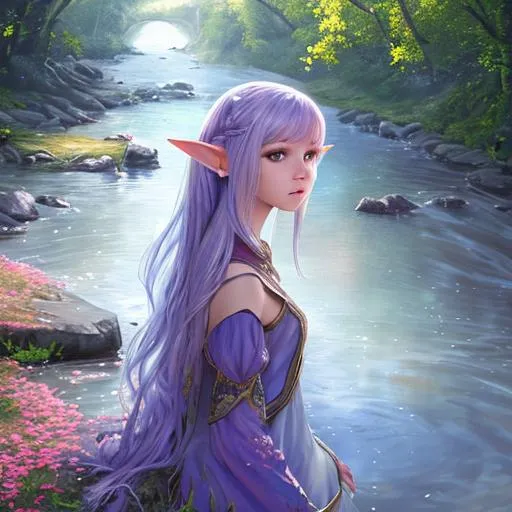 Prompt: UHD, environment, bloom, leavvess, By a river, Highly detailed, HD colour, Young girl, iridesence, elf ears, flowing hair, HD colour