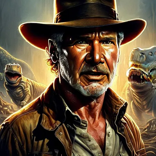 Prompt: ultra realistic illustration, incredibly detailed Harrison Ford face, {{Indiana Jones being chased by a T-Rex}}, intricate, elegant, highly detailed, digital painting, artstation, concept art, smooth, sharp focus, illustration, art by artgerm and greg rutkowski and drew struzan