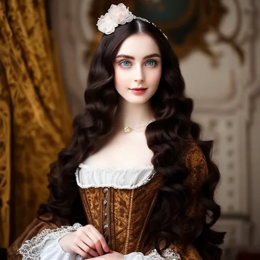 Prompt: Woman ,Dark brown long hair, with pale skin,blue eyes, with 30 years, holding ,a little girl, red curly hair,18th century aesthetic