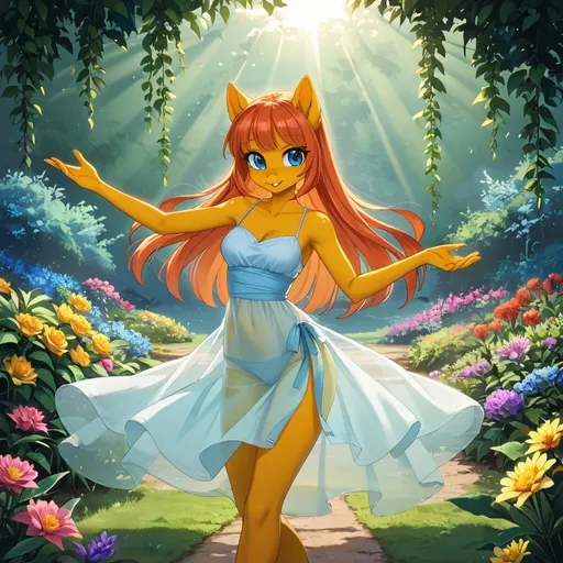 Prompt: ultra-detailed pony girl furry, (slim, cute, athletic), dancing in her garden,  wearing a translucent sun dress.  

soft sunlight creating delicate shadows, lush greenery and colorful flowers surrounding her, a whimsical and enchanting ambiance, capturing motion and vitality, magical feel of a sunny day, serene atmosphere.