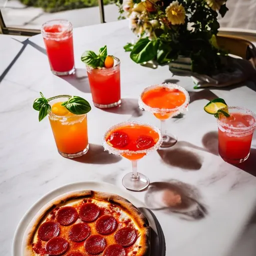 Prompt: Margherita pizza plain Neopolitan style and margarita cocktail white, party retro, sun through windows, da Vinci style